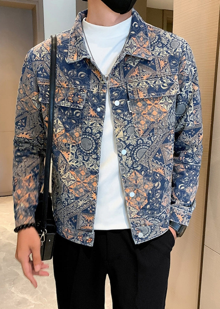 Art Print Button Pockets Denim Coats Fall Wa031