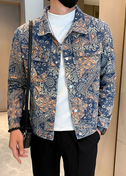Art Print Button Pockets Denim Coats Fall Wa031