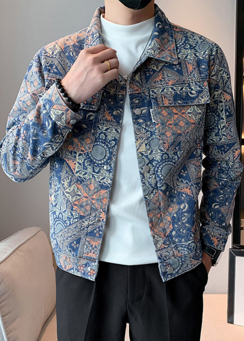 Art Print Button Pockets Denim Coats Fall Wa031