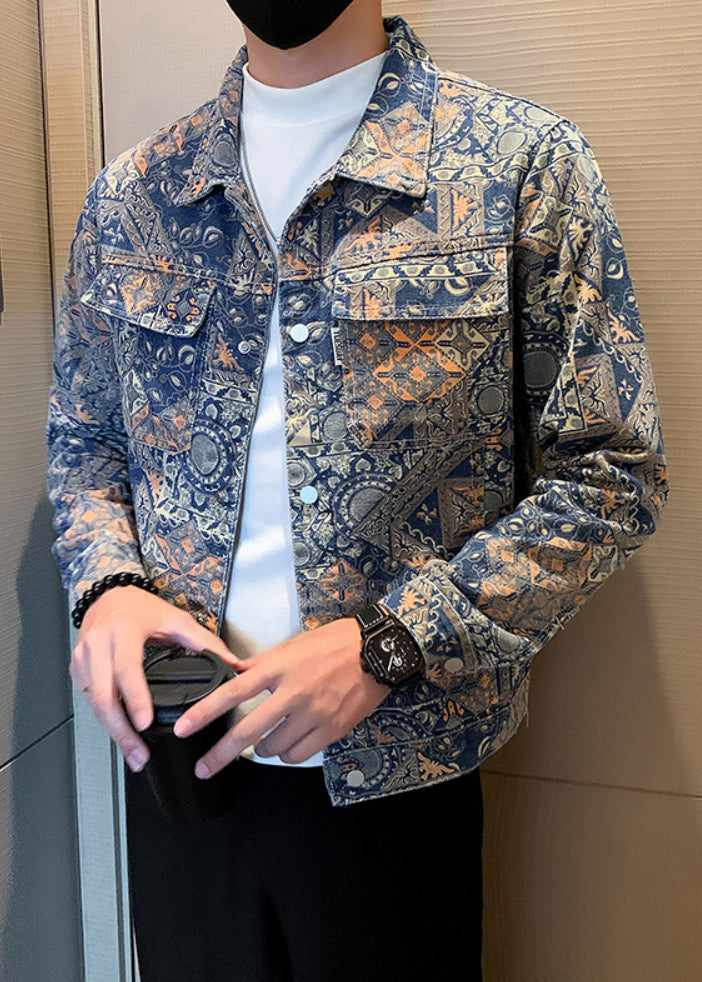 Art Print Button Pockets Denim Coats Fall Wa031