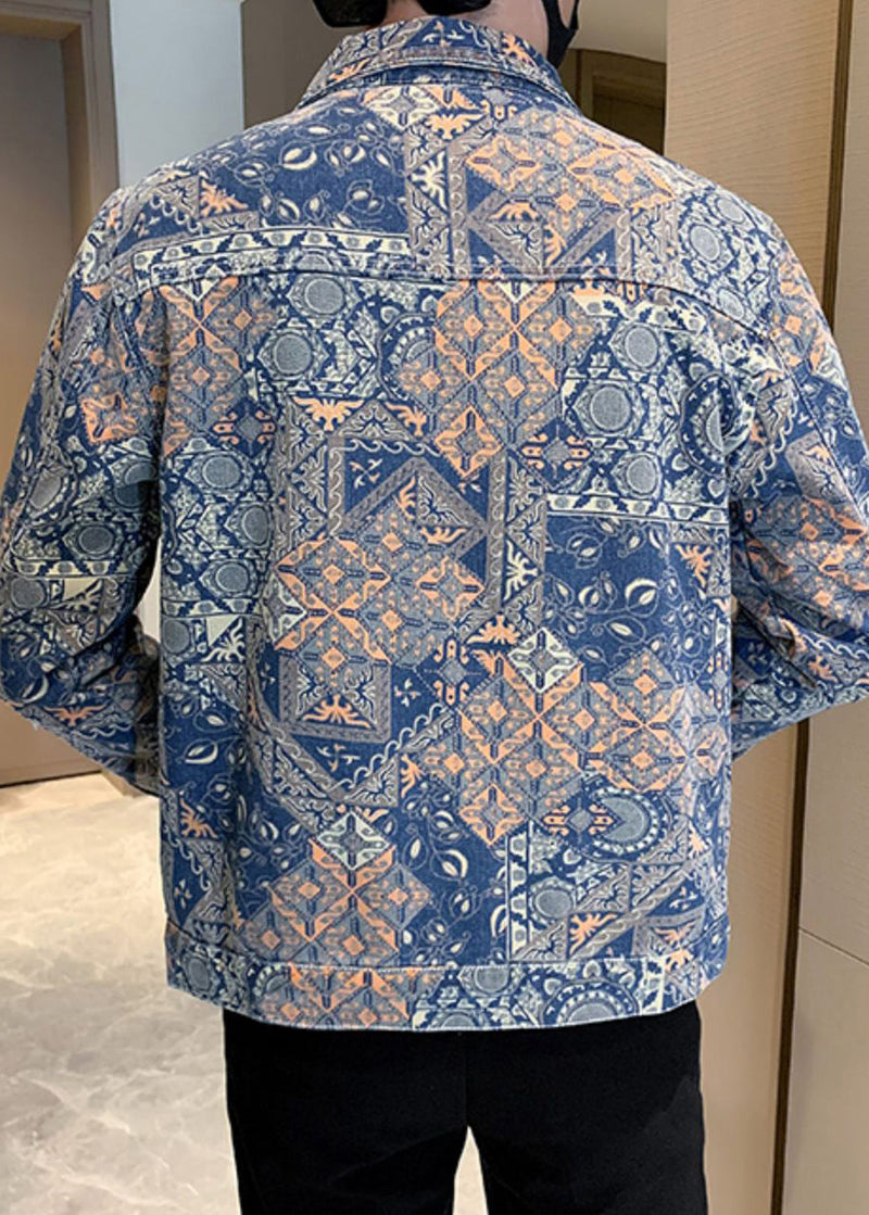 Art Print Button Pockets Denim Coats Fall Wa031