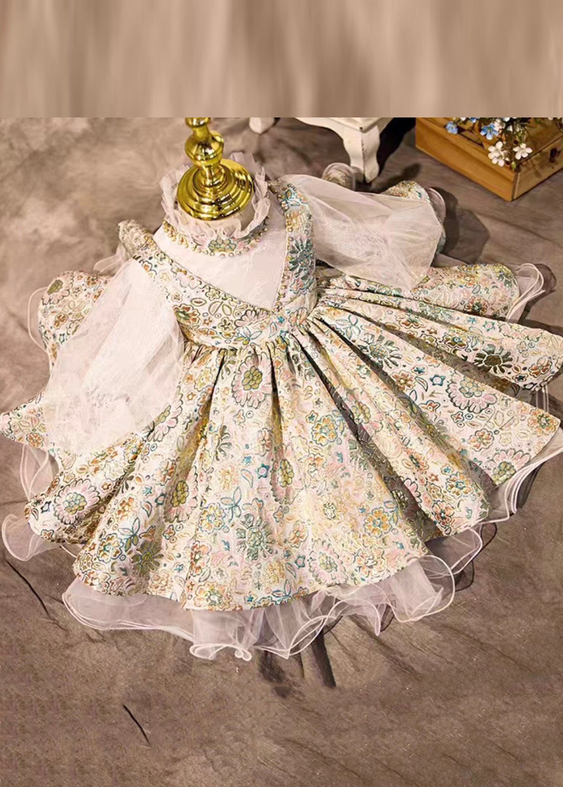 Art Print Turtleneck Tulle Kids Maxi Dresses Lantern Sleeve Ys030