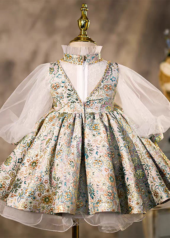 Art Print Turtleneck Tulle Kids Maxi Dresses Lantern Sleeve Ys030