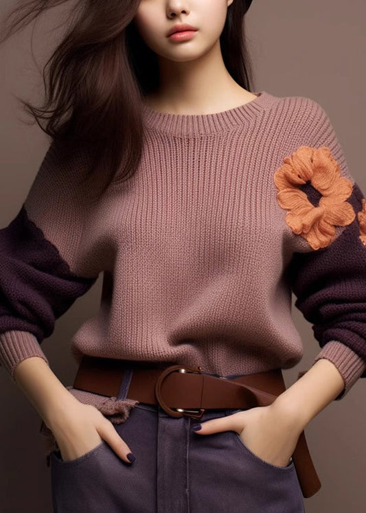 Art Purple O-neck Cozy Patchwork Knit Sweaters Winter Wx017