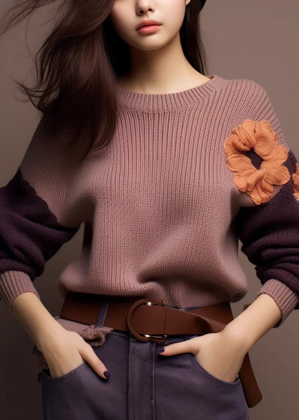Art Purple O-neck Cozy Patchwork Knit Sweaters Winter Wx017