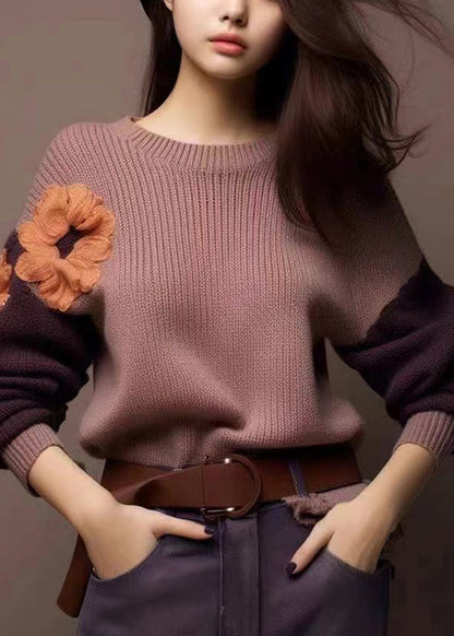 Art Purple O-neck Cozy Patchwork Knit Sweaters Winter Wx017