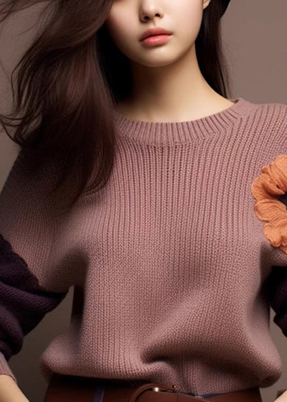 Art Purple O-neck Cozy Patchwork Knit Sweaters Winter Wx017