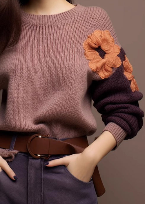 Art Purple O-neck Cozy Patchwork Knit Sweaters Winter Wx017