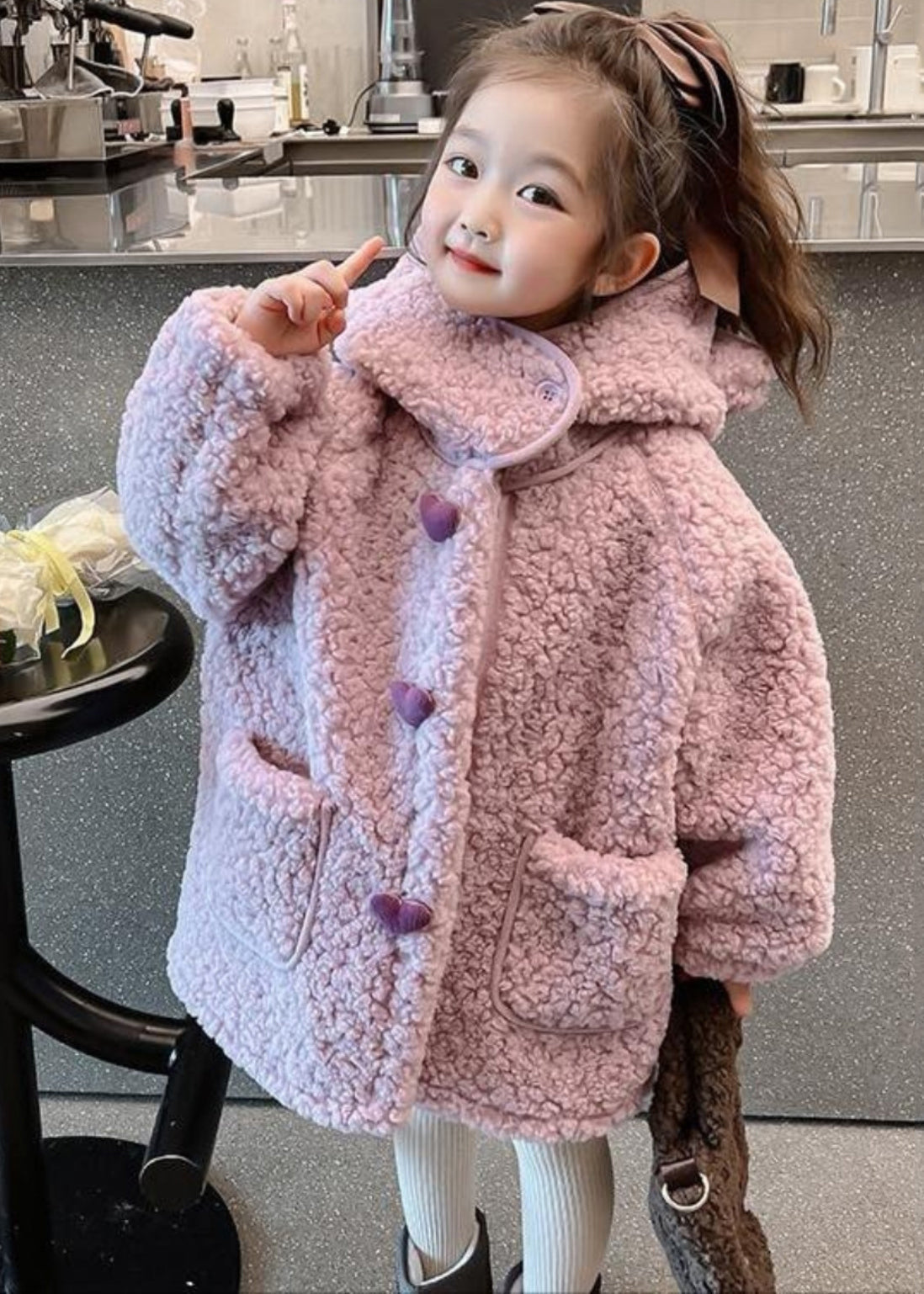 Art Purple Patchwork Pockets Faux Fur Hoodie Long Coat Winter Wl033