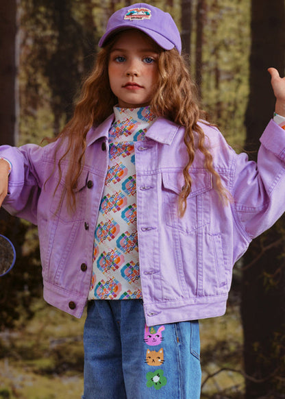 Art Purple Peter Pan Collar Patchwork Kids Coat Fall Qv052