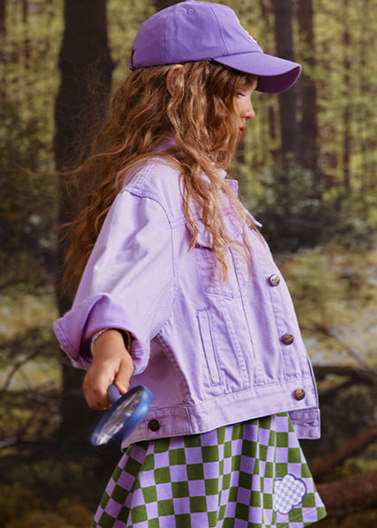 Art Purple Peter Pan Collar Patchwork Kids Coat Fall Qv052