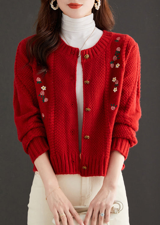 Art Red Embroidered Button Knit Cardigan Fall Qs019