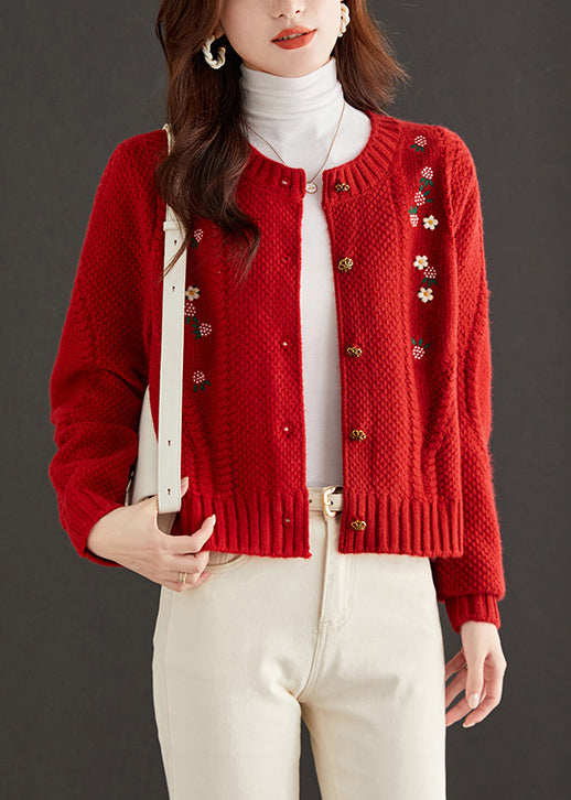Art Red Embroidered Button Knit Cardigan Fall Qs019