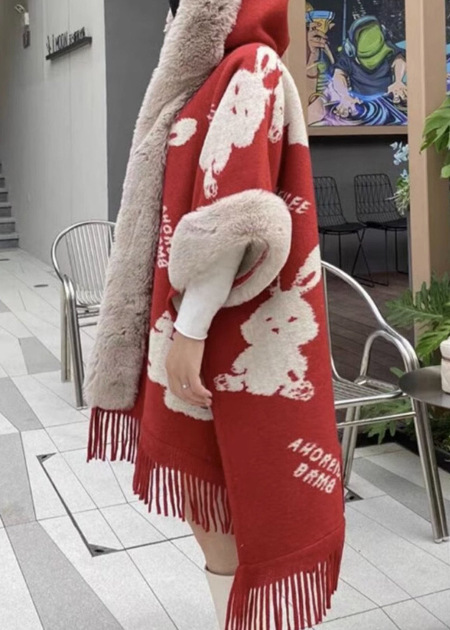 Art Red Hooded Print Patchwork Warm Fleece Cape Coats Spring Yw005