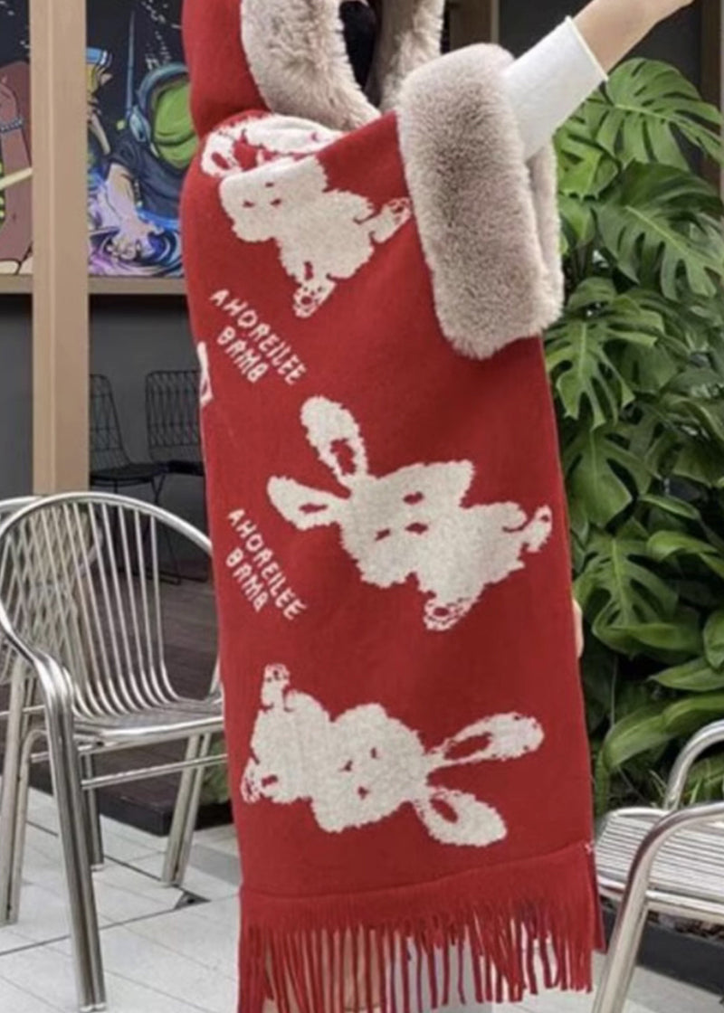 Art Red Hooded Print Patchwork Warm Fleece Cape Coats Spring Yw005