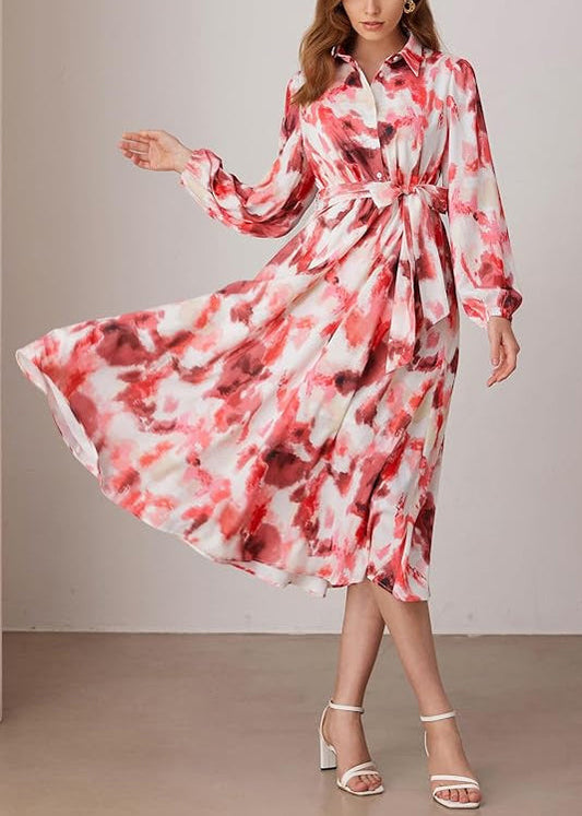 Art Red Peter Pan Collar Print Tie Waist Long Dress Fall Au1014