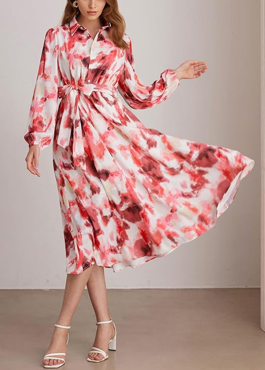 Art Red Peter Pan Collar Print Tie Waist Long Dress Fall Au1014
