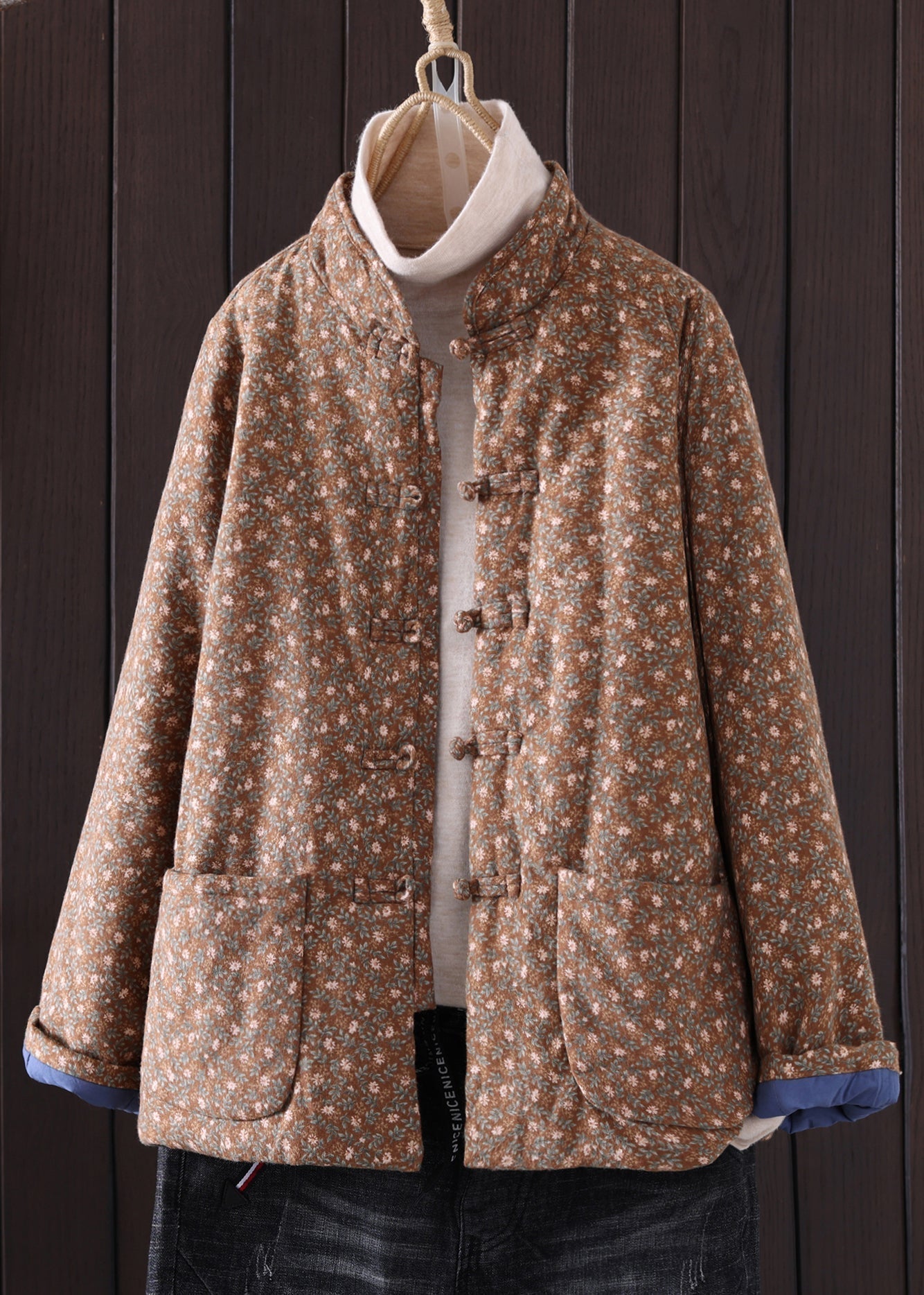 Art Red Print Button Pockets Thick Coat Winter Qg036