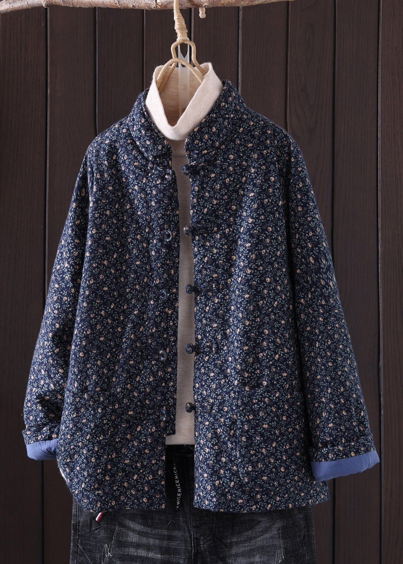 Art Red Print Button Pockets Thick Coat Winter Qg036