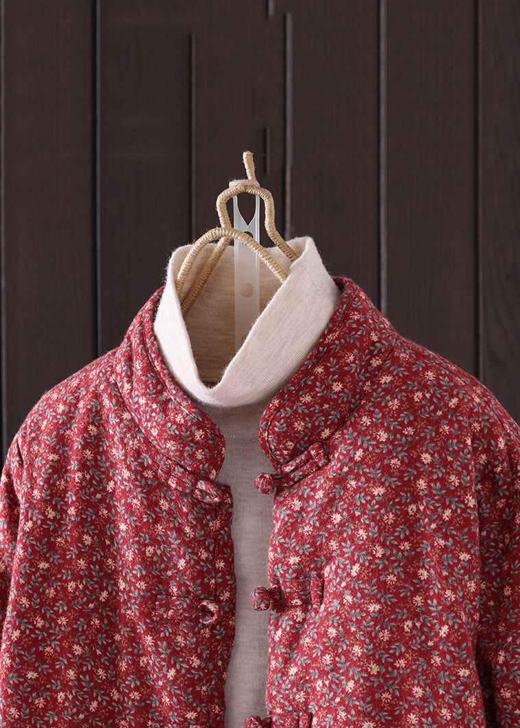 Art Red Print Button Pockets Thick Coat Winter Qg036