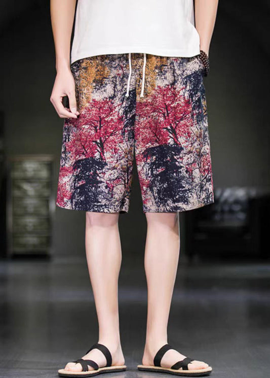 Elastic Red Pants Summer Waist Art Print Cotton