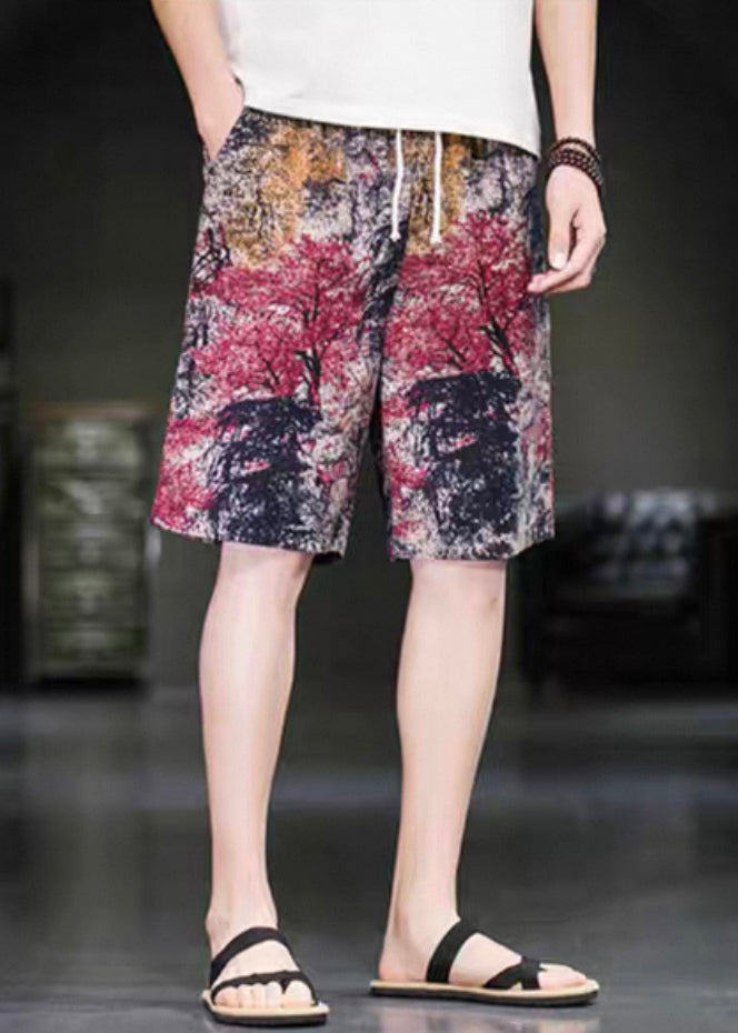 Elastic Red Pants Summer Waist Art Print Cotton