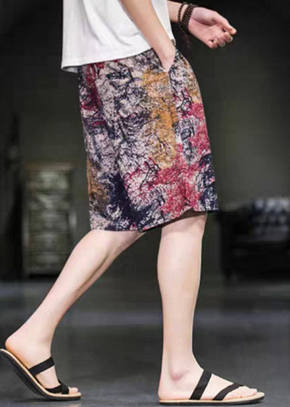 Elastic Red Pants Summer Waist Art Print Cotton