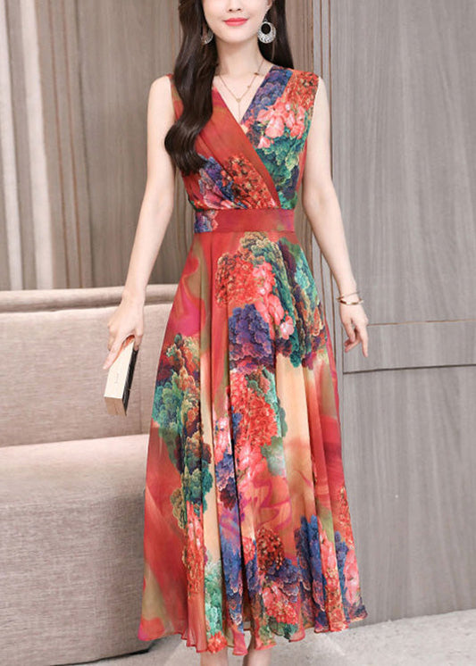 Art Red V Neck Print Tunic Holiday Maxi Dresses Sleeveless Ly1719