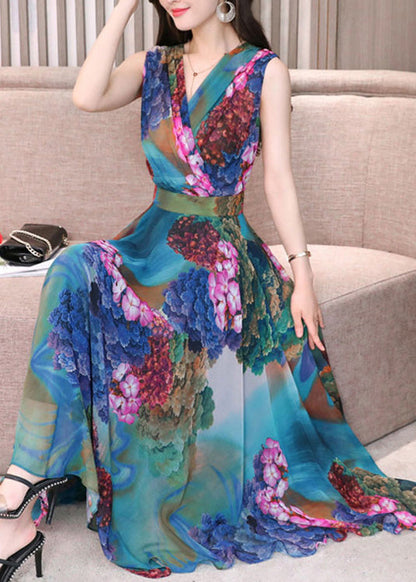 Art Red V Neck Print Tunic Holiday Maxi Dresses Sleeveless Ly1719