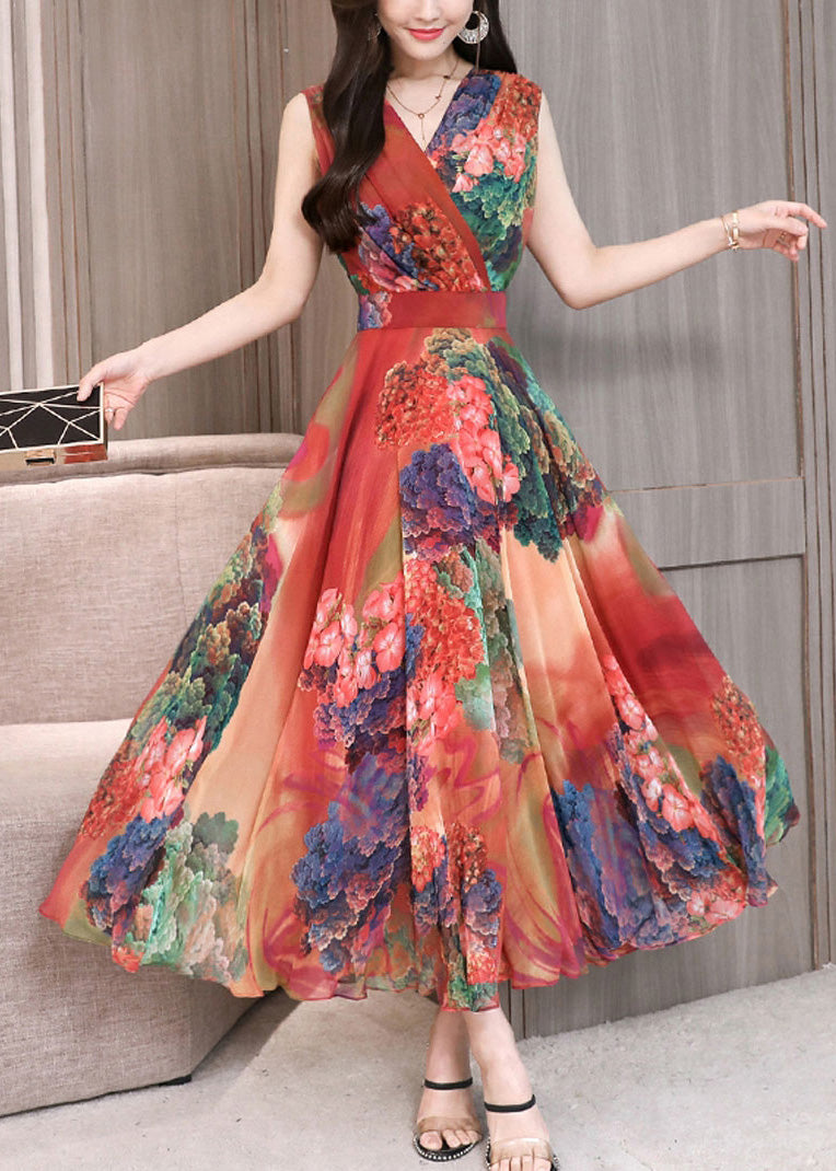 Art Red V Neck Print Tunic Holiday Maxi Dresses Sleeveless Ly1719