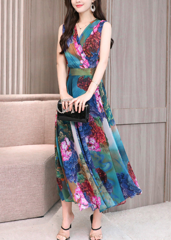 Art Red V Neck Print Tunic Holiday Maxi Dresses Sleeveless Ly1719