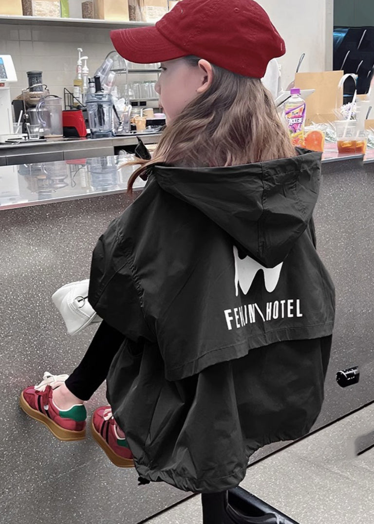 Art Rose Print Patchwork Kids Hooded Trench Coats Fall Qv031