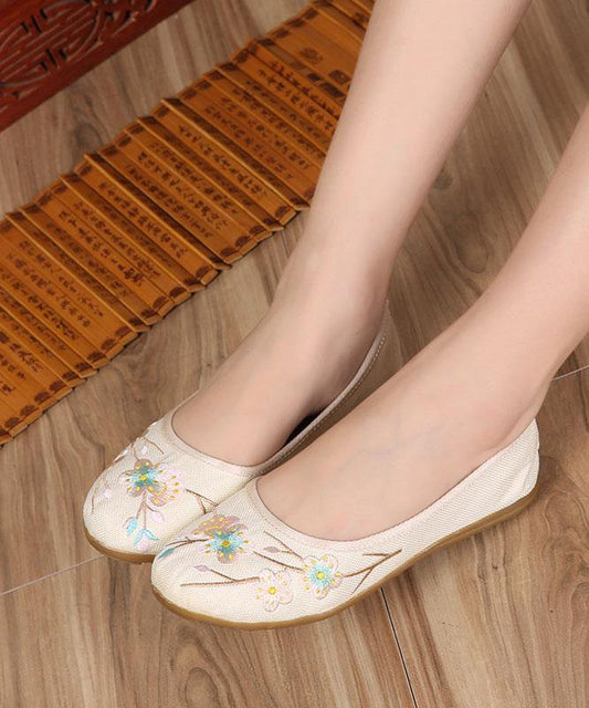 Art Splicing Flat Shoes for Beige Embroidered Cotton Linen Fabric Rd026