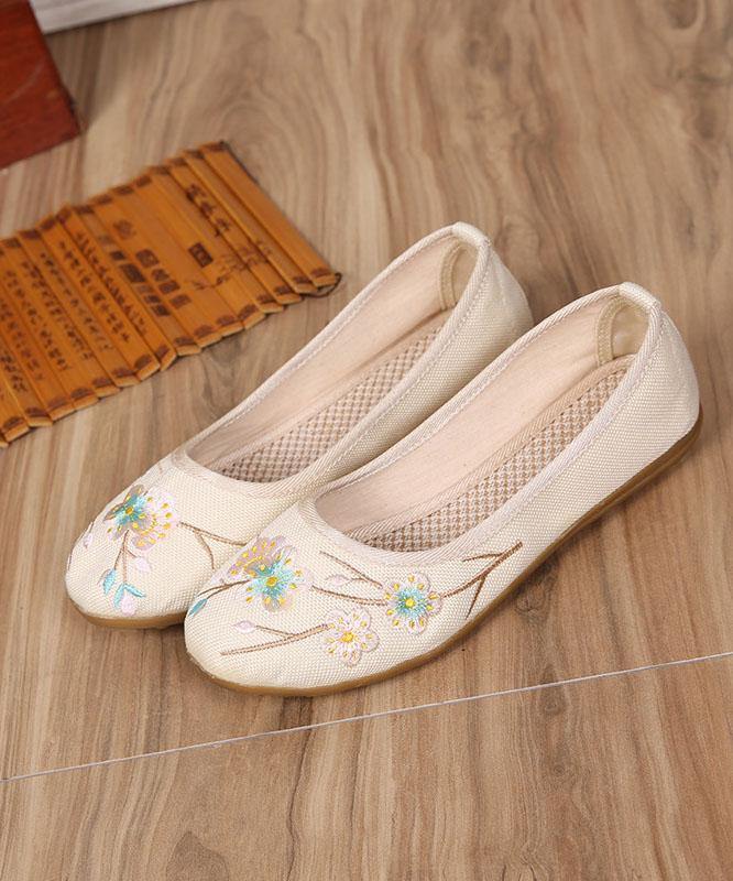 Art Splicing Flat Shoes for Beige Embroidered Cotton Linen Fabric Rd026