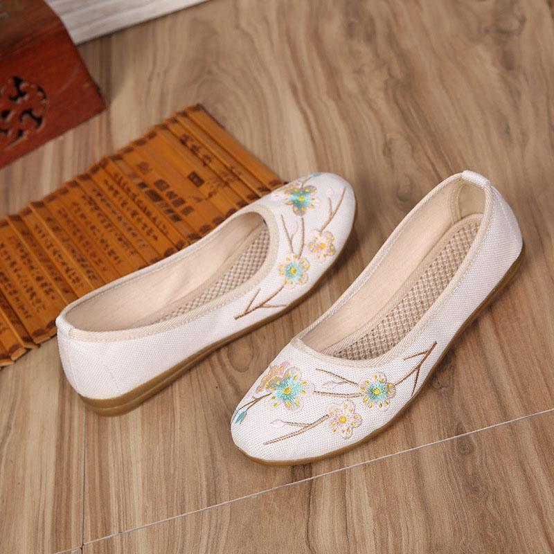 Art Splicing Flat Shoes for Beige Embroidered Cotton Linen Fabric Rd026