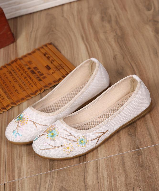 Art Splicing Flat Shoes for Beige Embroidered Cotton Linen Fabric Rd026