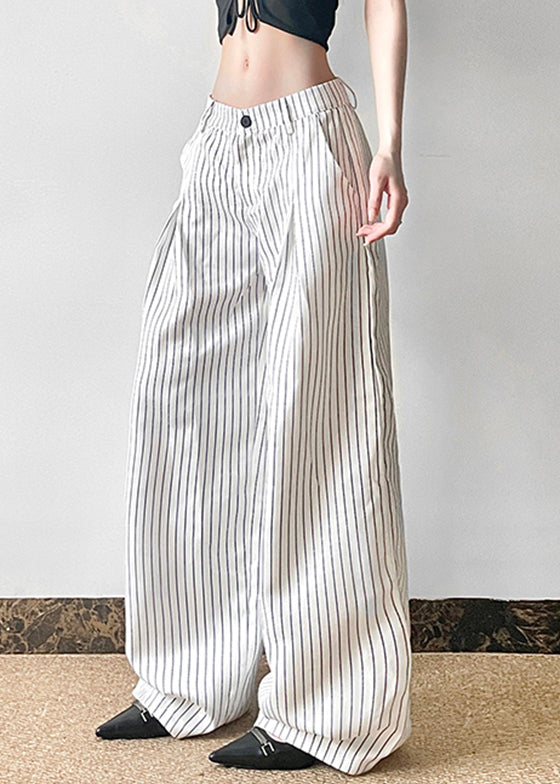 Pants Button Striped High Cotton Waist Summer Art