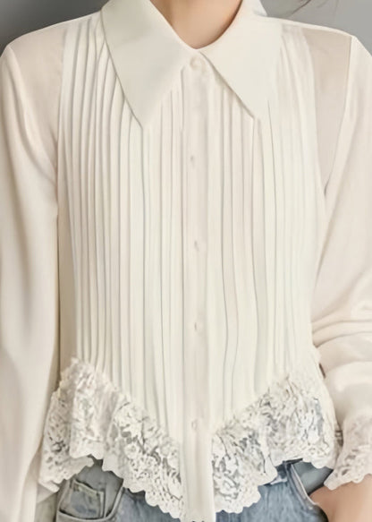 Art White Button Lace Chiffon Blouses Spring Rv040