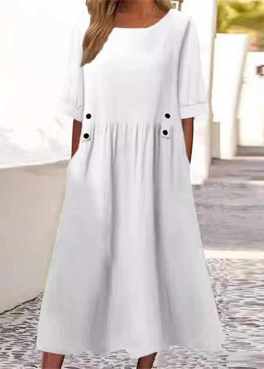 Art White O Neck Pockets Cotton Long Dress Summer Qa027