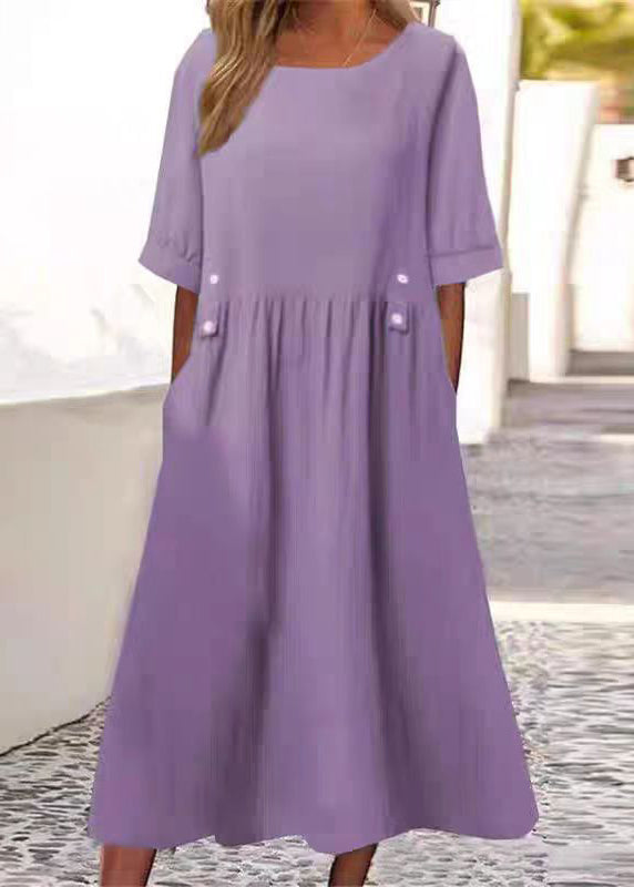 Art White O Neck Pockets Cotton Long Dress Summer Qa027