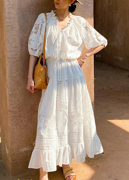 Two White Out Art and Shirts Ruffled Hollow Pieces Cotton Skirts