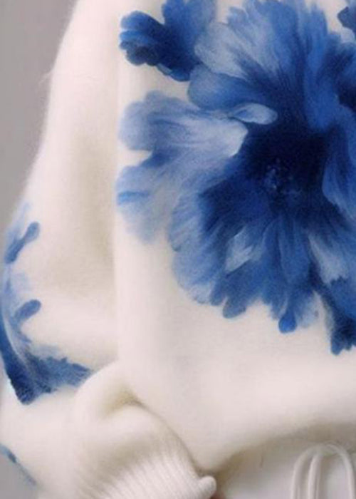Art White Turtleneck Print Wool Knit Sweaters Winter Wk023