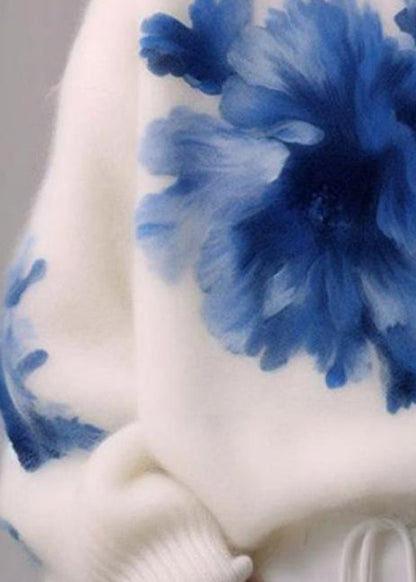 Art White Turtleneck Print Wool Knit Sweaters Winter Wk023