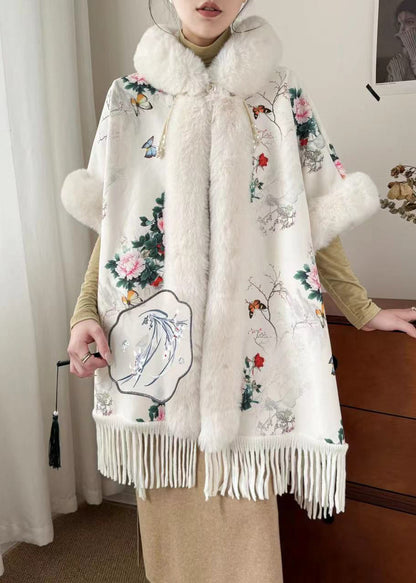 Art Yellow Fur Collar Print Side Open Warm Fleece Coats Winter Rz018