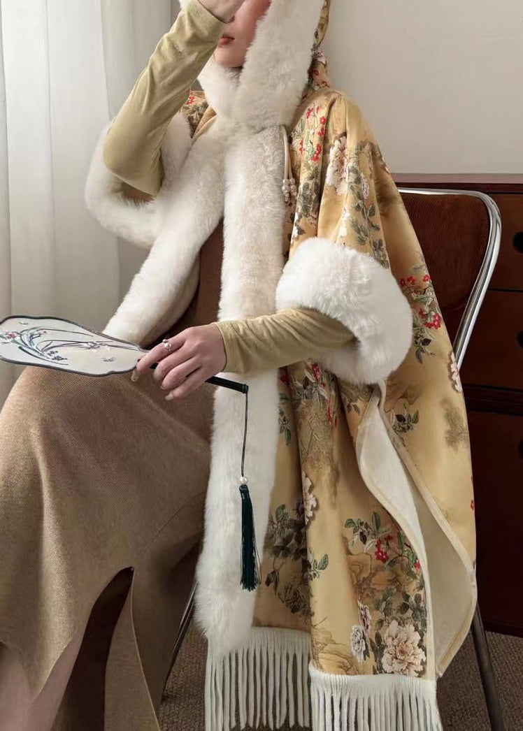 Art Yellow Fur Collar Print Side Open Warm Fleece Coats Winter Rz018