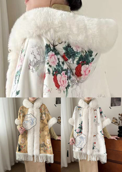 Art Yellow Fur Collar Print Side Open Warm Fleece Coats Winter Rz018