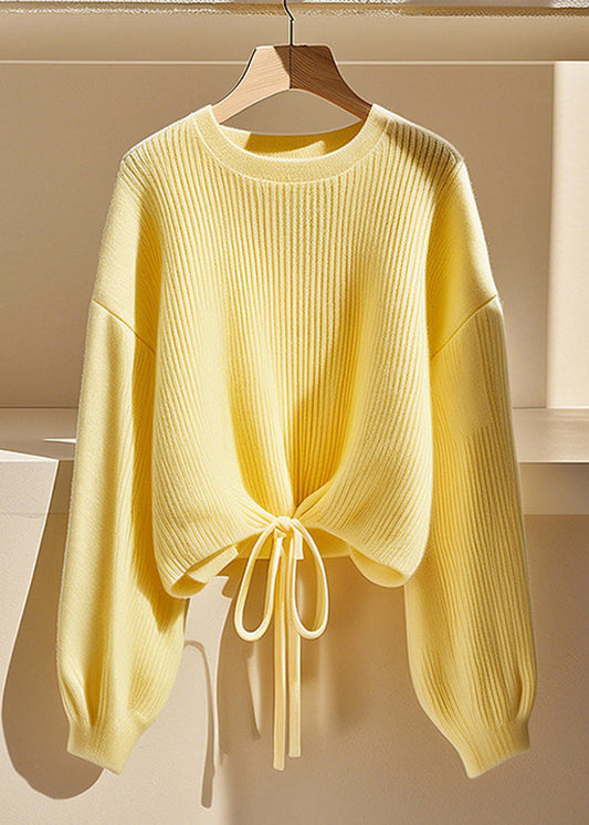 Art Yellow O Neck Lace Up Knit Sweater Fall Qs030