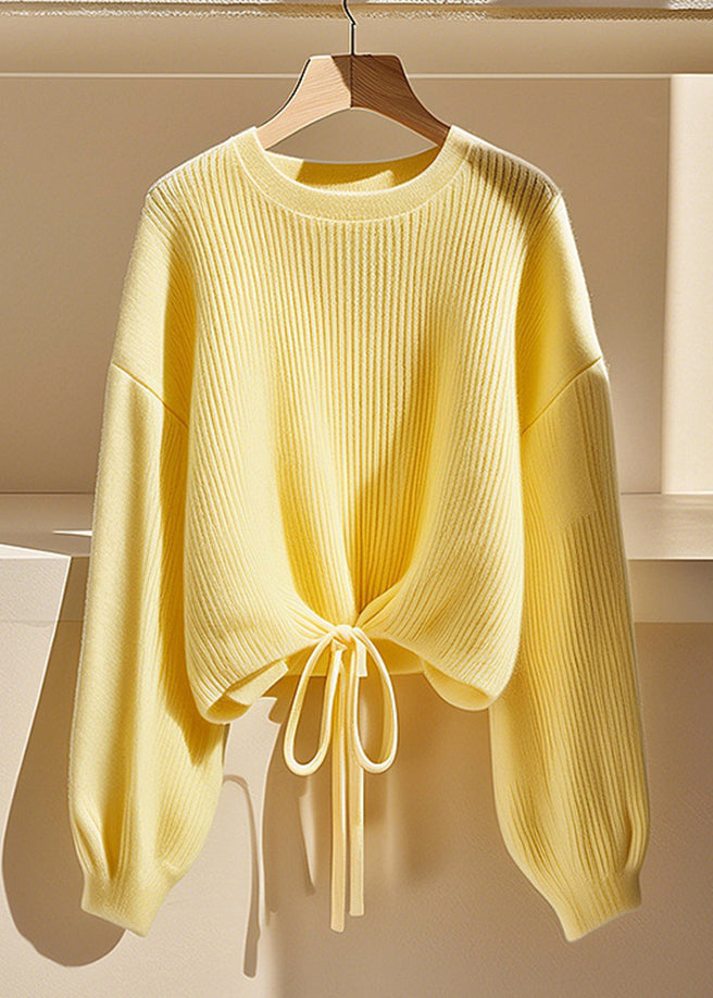 Art Yellow O Neck Lace Up Knit Sweater Fall Qs030