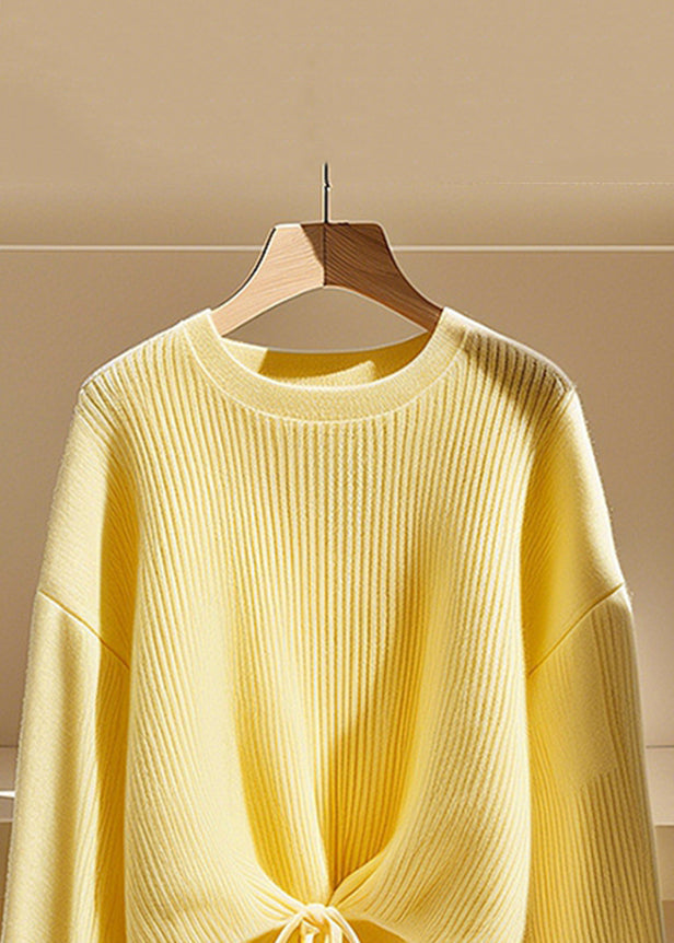 Art Yellow O Neck Lace Up Knit Sweater Fall Qs030