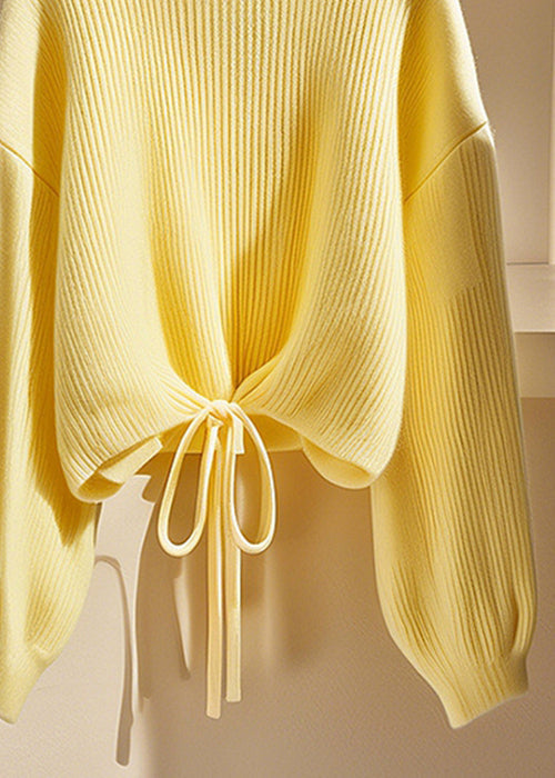 Art Yellow O Neck Lace Up Knit Sweater Fall Qs030